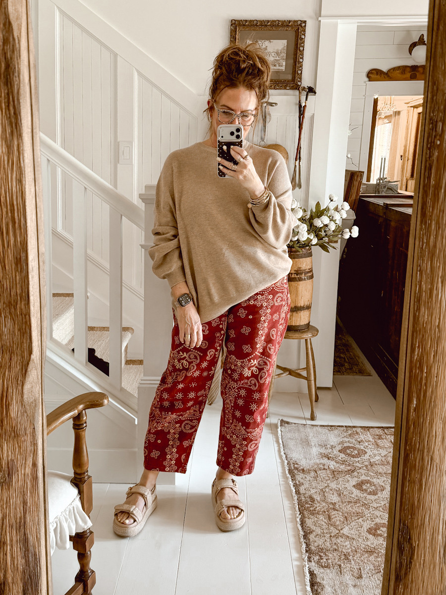 My outfit of the day includes this casual crewneck top, floral-printed denim, platform sandals, and Peepers readers.  

 #LTKSeasonal #LTKMidsize