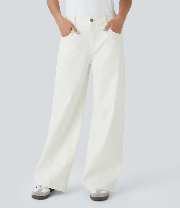 Halara Flex™ Low Rise Zipper Pockets Washed Baggy Wide Leg Casual Jeans | HALARA
