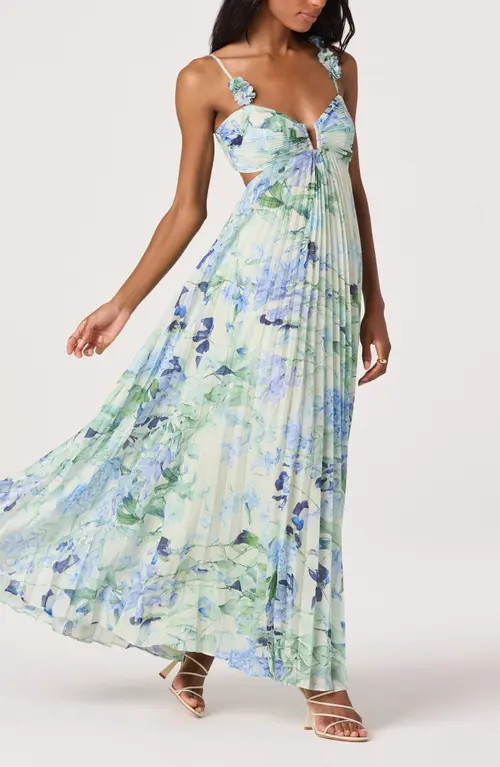 ASTR the Label Emese Pleated Maxi Sundress in Green Blue Floral at Nordstrom, Size Small | Nordstrom