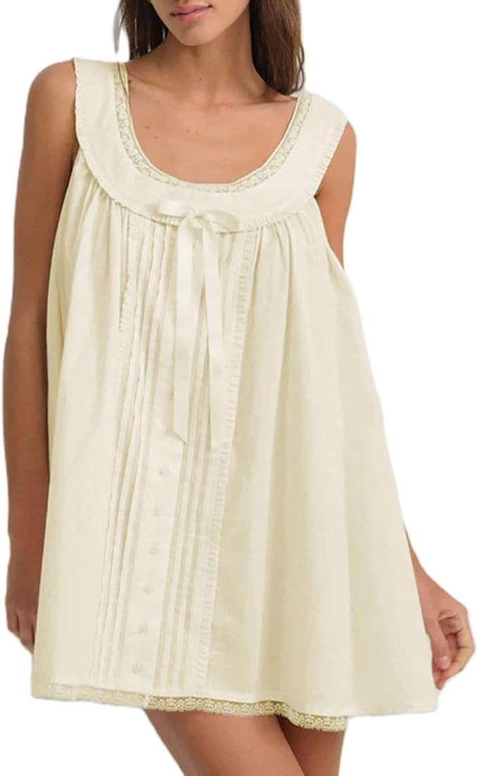Women Y2K Babydoll Mini Dress Cute Bow Lace Trim Pleated Ruffle Short Sundress Casual Party Vacat... | Amazon (US)