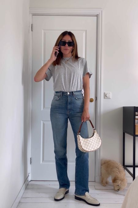 outfit inspiration, autumn style, transition style, Sara Leather loafers, Flattered, super high rise slim straight jeans, relaxed tshirt, & Other Stories, Aviator acetate sunglasses, Mytheresa. 

#LTKSeasonal #LTKstyletip #LTKeurope