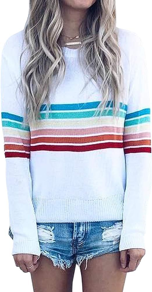 Women's Sweater Rainbow Colorful Striped Sweaters Long Sleeve Crew Neck Color Block Casual Pullov... | Amazon (US)