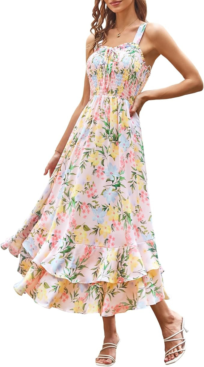 Women's 2026 Summer Floral Boho Dress Square Neck Strapped Swing A Line Sundress Beach Long Maxi ... | Amazon (US)