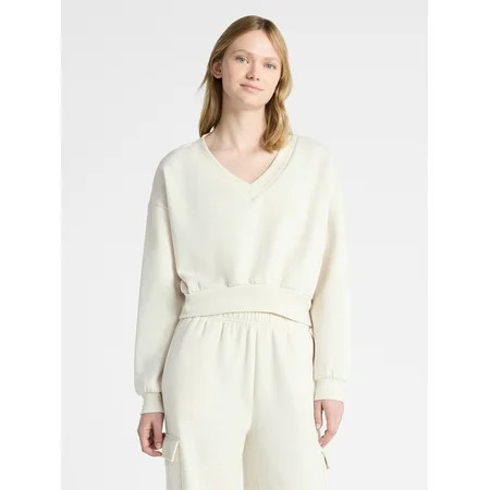 No Boundaries V-Neck Fleece Cropped Sweatshirt, Women's | Walmart (US)