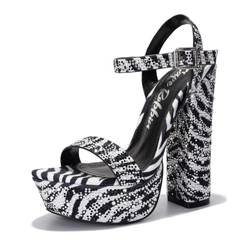 Cape Robbin Women's Rhinestone Platform Heels - 5.5-inch Heel with 1.5-inch Platform - Memory Foam Cushioned Ankle Strap Sandals - Dressy Chunky High Heels for Women Footwear (Rosss) Zebra 7.5 | Amazon (US)