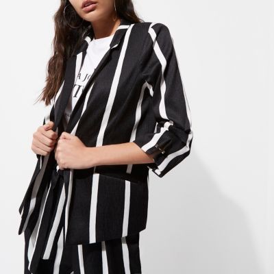 Black stripe print ruched sleeve blazer | River Island (UK & IE)