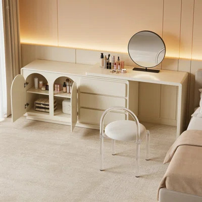 57" Modern Cream Extendable Countertop Dresser 3-Drawers & 2-Doors Makeup Vanity Set | Wayfair North America