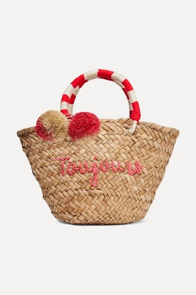 Kayu - St Tropez Mini Pompom-embellished Embroidered Woven Straw Tote - Neutral | NET-A-PORTER (US)