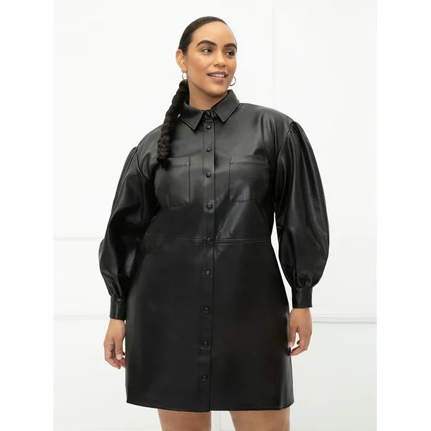 ELOQUII Elements Women's Plus Size Leather Shirt Dress with Puff Sleeves | Walmart (US)