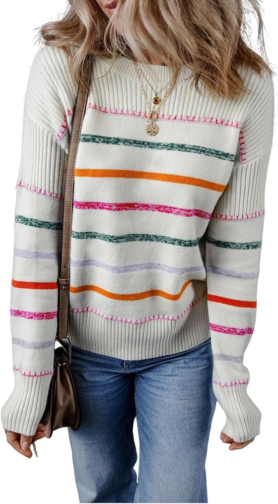 Women Striped Rainbow Sweaters Long Sleeve Crewneck Colorful 2024 Fall Winter Knit Pullover Blous... | Amazon (US)