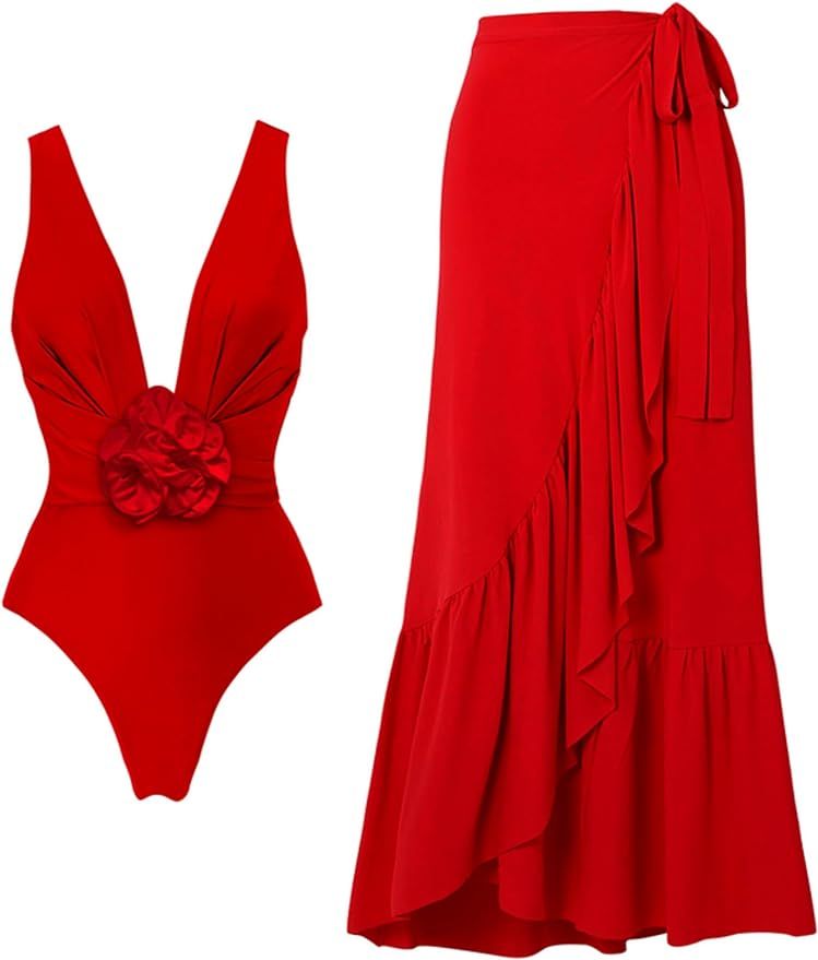 FLAXMAKER Detachable 3D Flower Red Swimsuit Cover up Set One Piece Swimsuit and Skirt | Amazon (US)