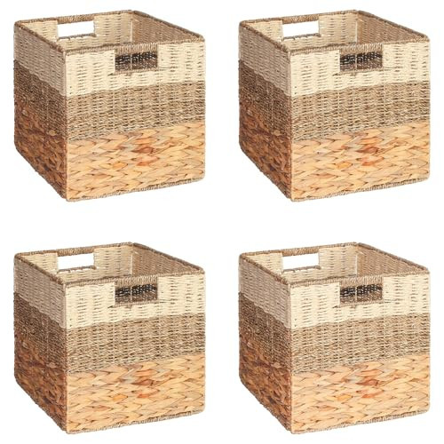 SpaceAid 4 Pack 3 Pattern Design Wicker Basket, Baskets for Organizing, Storage Rattan Basket with Handles for Shelves, Woven Cube Storage Bin Organizer, 13x13x13 inch, Natural | Amazon (US)