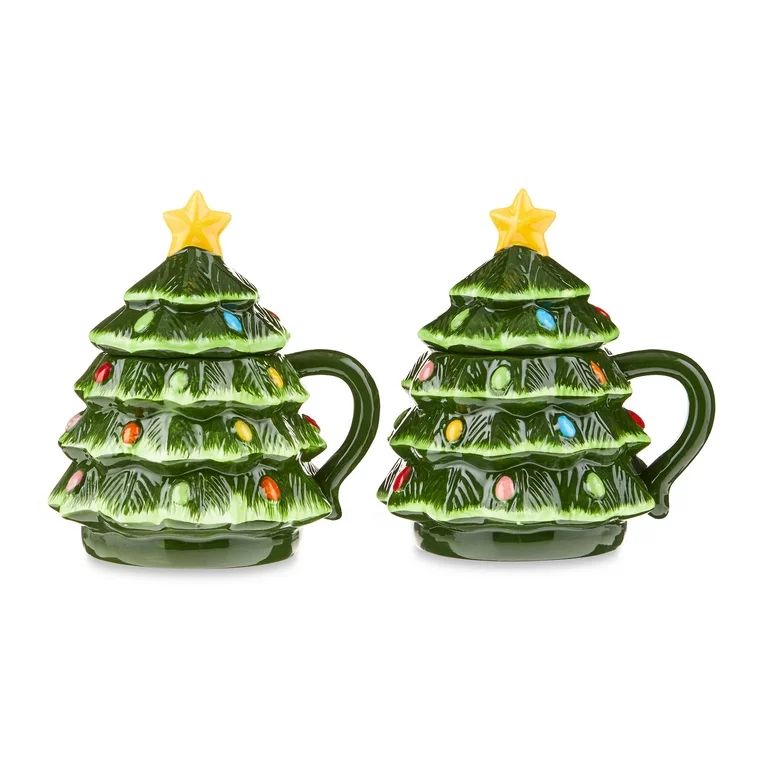 Mr. Christmas Ceramic Decorative Christmas Tree Lidded Mugs, 16oz, Set of 2, Green | Walmart (US)