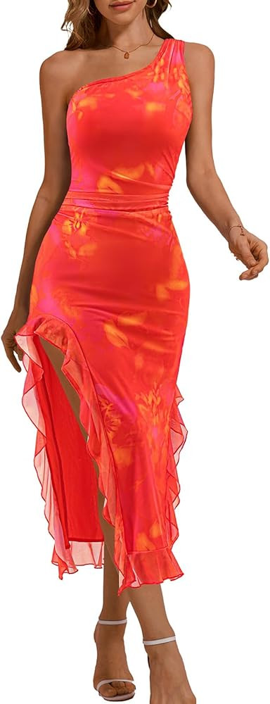 DRESSTELLS Women Formal Wedding Guest Long Cocktail Party One Shoulder Mesh Ruched Bodycon Maxi R... | Amazon (US)