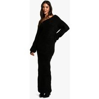 Womens Off The Shoulder Borg Knitted Maxi Dress - Black - M | boohoo (US & Canada)