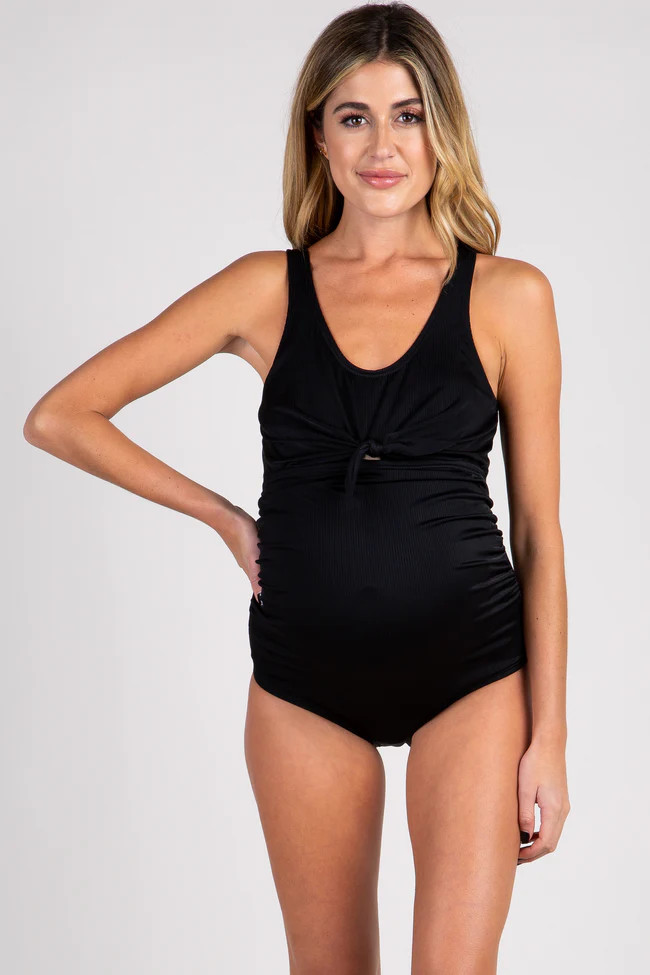 PinkBlush Black Ribbed Front Knot One-Piece Maternity Swimsuit | PinkBlush Maternity