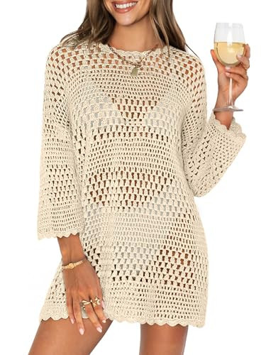 ANRABESS Women 3/4 Sleeve Swimsuit Cover Up 2026 Summer Beach Vacation Clothes Crochet Knit Bathing Suit Swimwear Mini Dress Beige Small | Amazon (US)