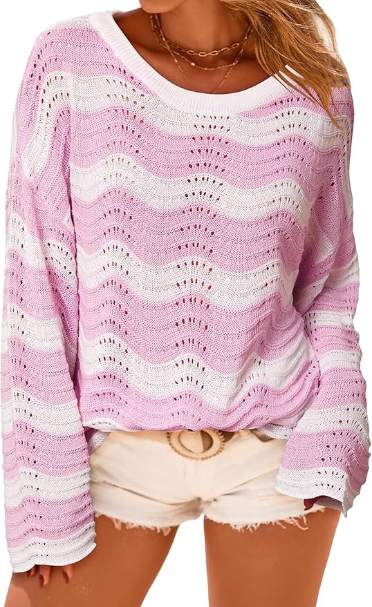 Arach&Cloz Women's Linen Blend Crochet Bell Sleeve Beach Vacation Striped Tops 2026 | Amazon (US)
