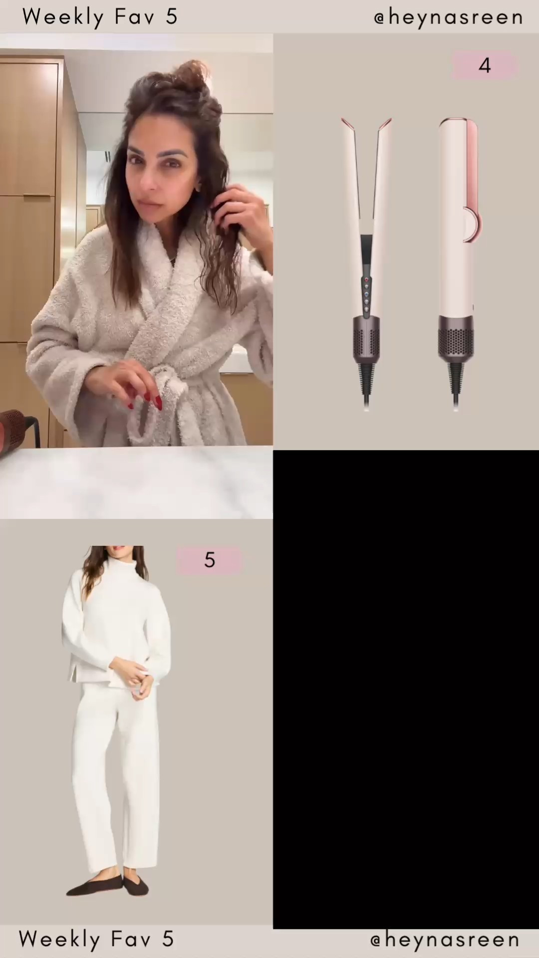 Fav 5:
#4: Dyson air straight, smooths your hair without extreme heat & you don’t loose your volume, love this! 
#5: Spanx set, this mock neck is so warm and trendy right now and I love the barrel matching pant. I’m wearing size XS in the top and XS Petite in bottoms. NASREENXSPANX gets 15% off for new customers & free shipping. 
