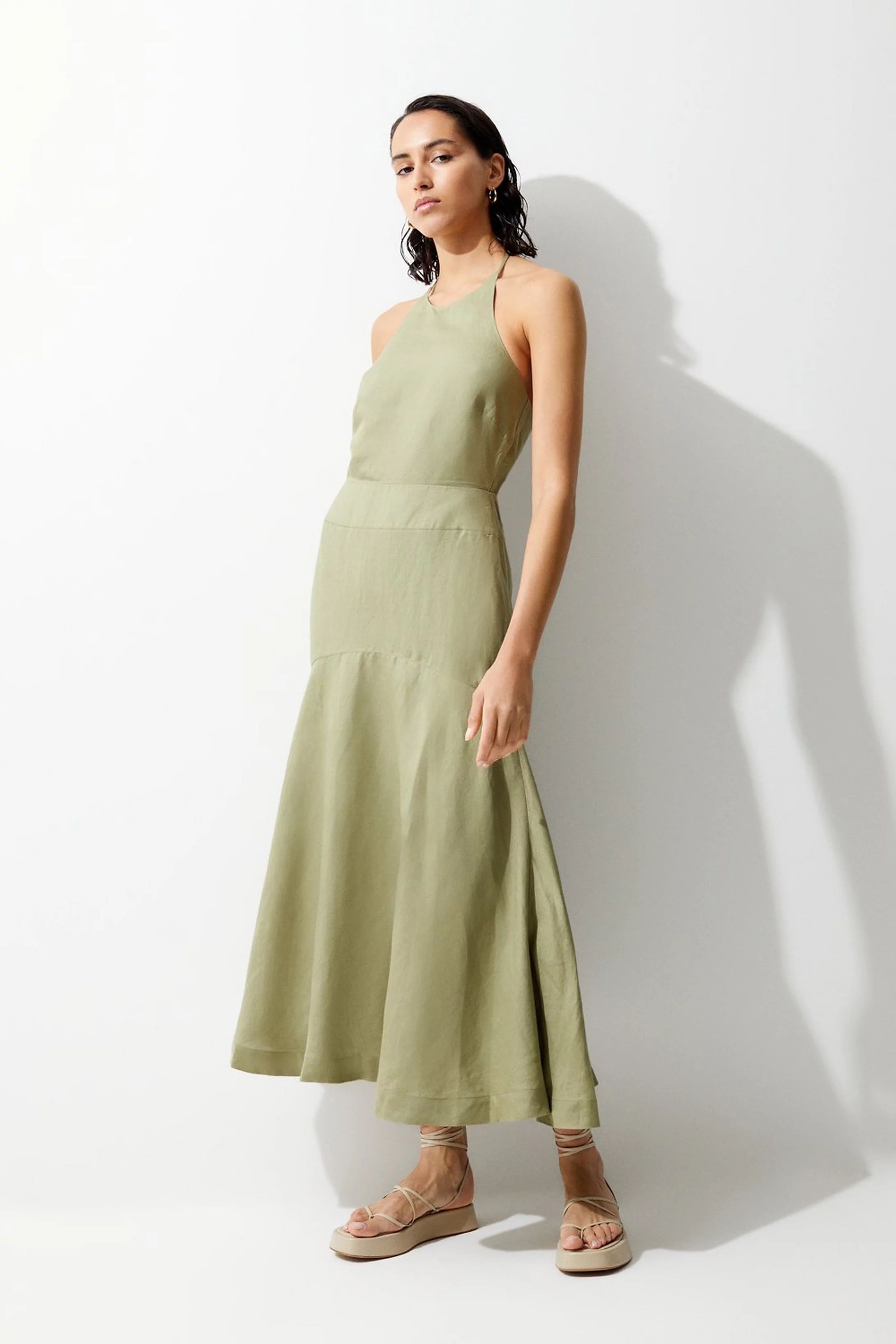 Linen Viscose Halterneck Maxi Dress | Karen Millen US