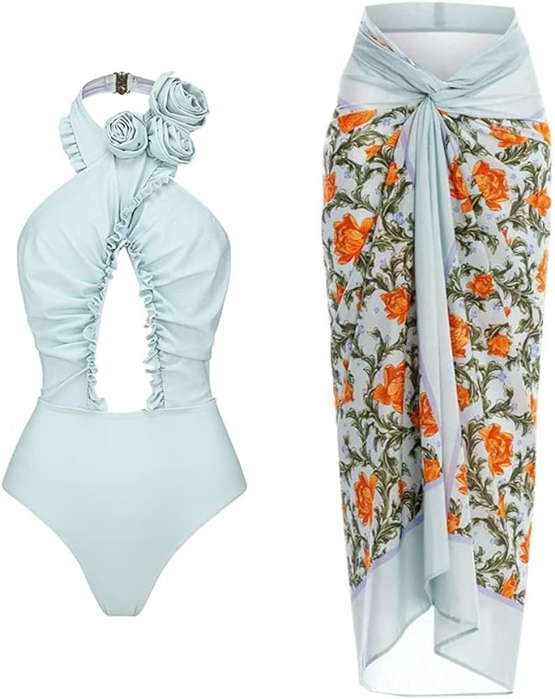 IDOPIP Women's One Piece Swimsuit with Beach Cover up Wrap Skirt Sarong Halter Floral Print Bikin... | Amazon (US)