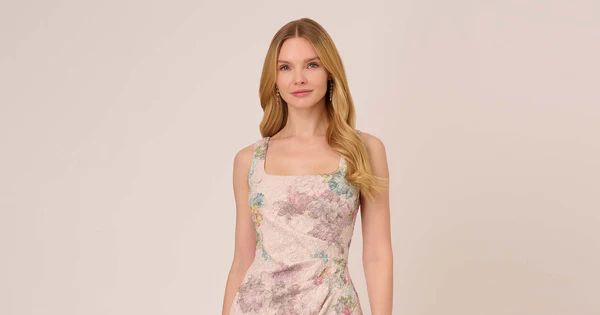 Floral Matelasse Sheath Dress With Draped Details In Marble Multi | Adrianna Papell