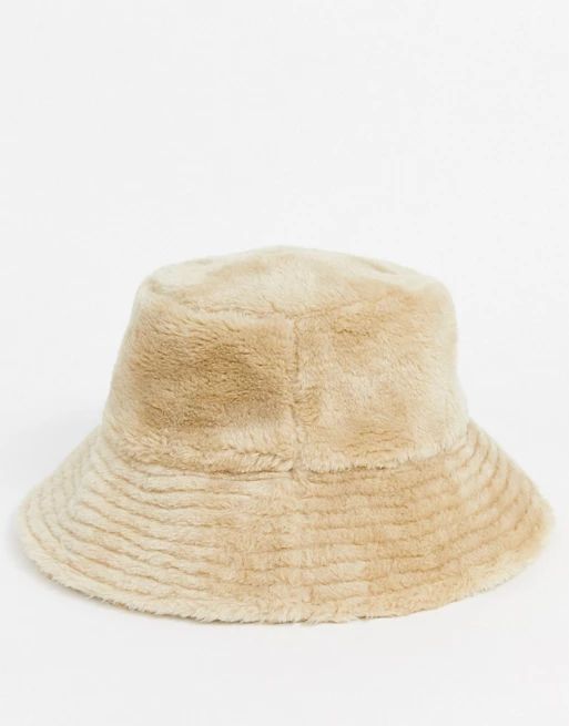 ASOS DESIGN wide brim bucket hat in camel faux fur | ASOS US