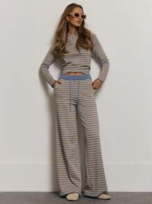 MUSERA Drawstring Waist Stripe Wide Leg Trousers Cute Summer Holiday Vacation Airport Streetwear ... | SHEIN