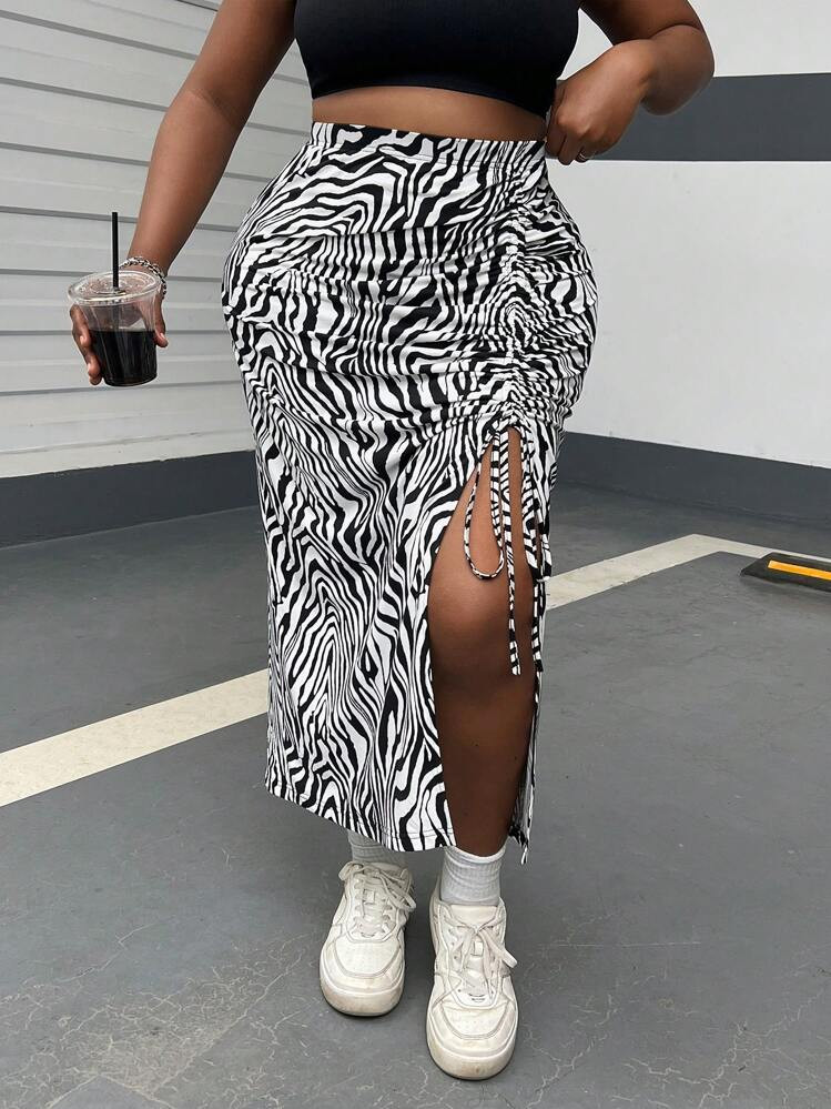 SHEIN EZwear Women's Plus Size Zebra Pattern Side Slit Drawstring Knit High Waist Skirt With Stretch | SHEIN