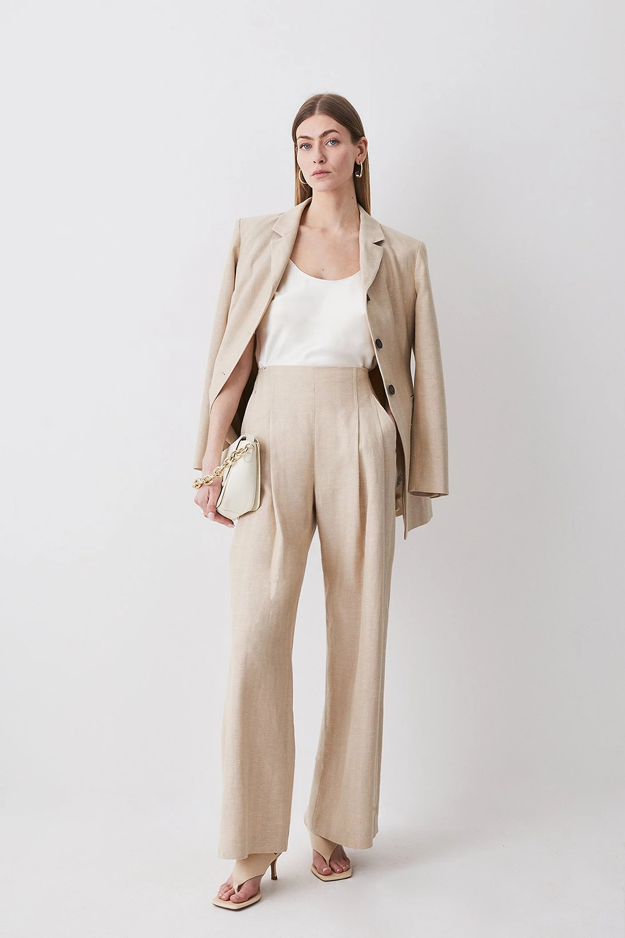 Herringbone Linen Darted Wide Leg Trouser | Karen Millen UK + IE + DE + NL