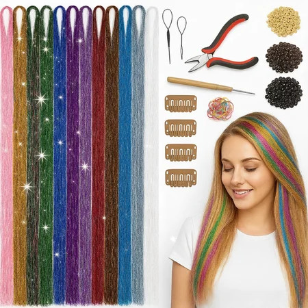 Herbiar Hair Tinsel Kit 12 Colors 47inch 2400 Strands Silver Extensions Women Girls Heat Resistant | Walmart (US)