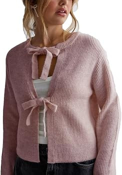 Tie Front Cropped Cardigan Sweaters for Women Crew Neck Long Sleeve Knit Bow Tie Trendy Sweater T... | Amazon (US)