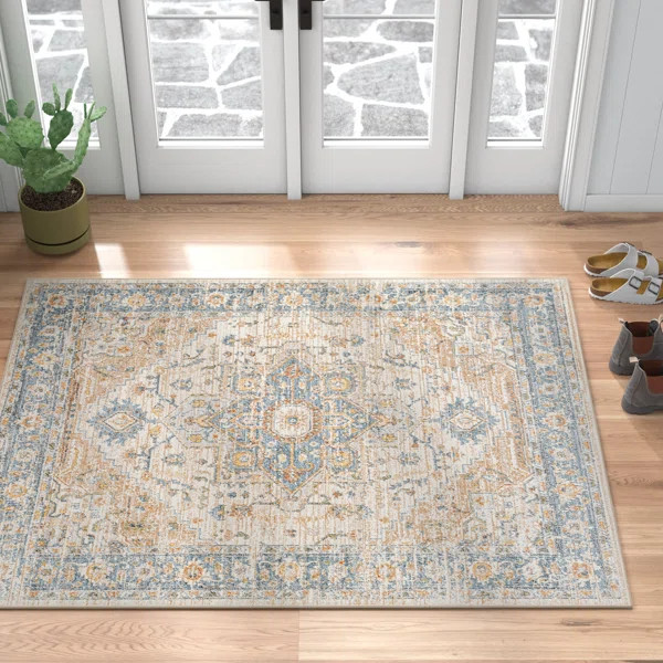 Weber Machine Washable Oriental Ivory/Blue Area Rug | Wayfair North America