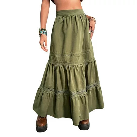 Licupiee Grunge Skirt y2k Aesthetic Fairycore Lace Patchwork Long Skirts Vintage Women A Line Pleated Skirt Streetwear | Walmart (US)