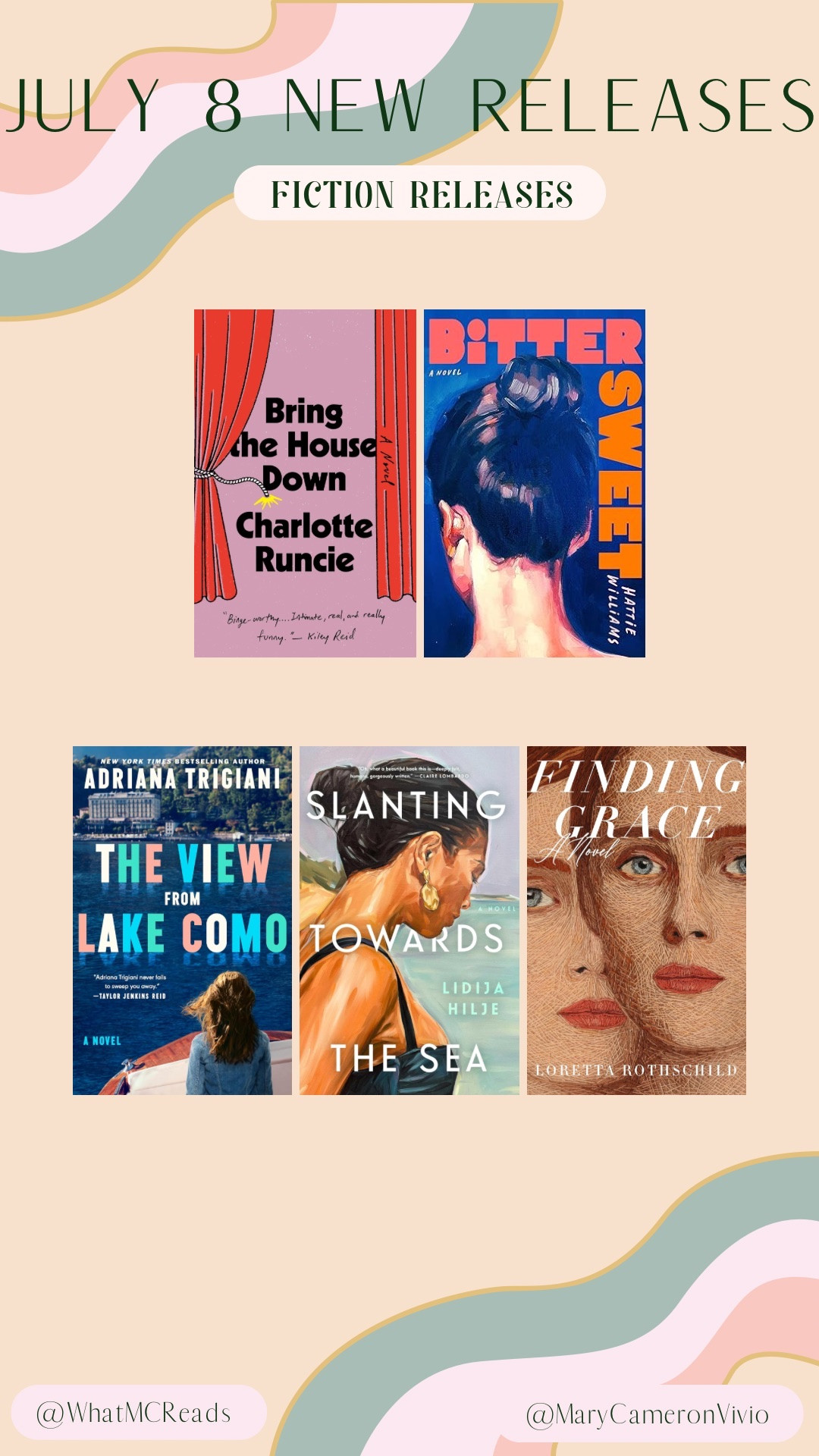 Fresh fiction for your July TBR 📚

These July 8 releases deliver powerful stories full of heart, history, and hope:

🌻 Bring the House Down - Charlotte Runcie
🌻 Bitter Sweet - Hattie Williams
🌻 The View from Lake Como - Adriana Trigiani
🌻 Slanting Towards the Sea - Lidija Hilje
🌻 Finding Grace - Loretta Rothschild

From sweeping settings to unforgettable characters, these reads are perfect for long summer afternoons. Which one are you picking up first? ✨📚

Fiction releases, July 8 books, book recommendations, BookTok recs, literary fiction, new book releases

#LTKHome #LTKFindsUnder100 #LTKFindsUnder50