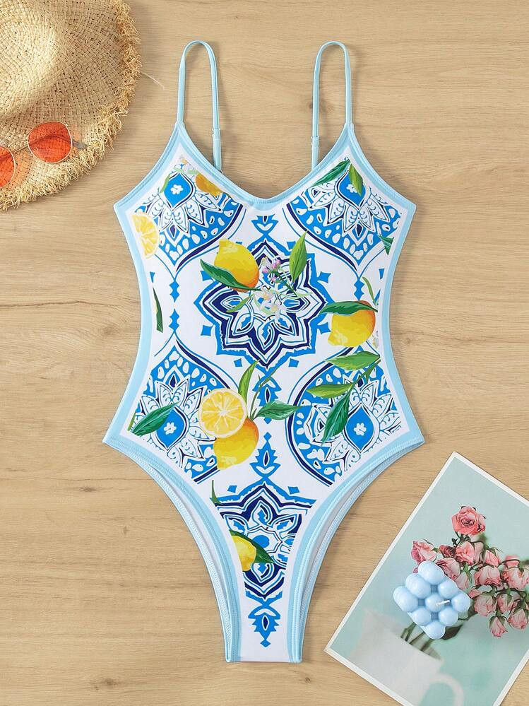 Swim Vcay Summer Beach Women's One Piece Swimsuit With Lemon Print Carnival | SHEIN