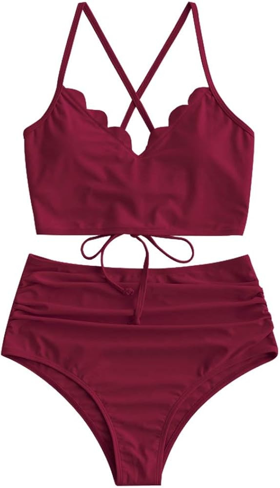ZAFUL Women's High Waisted Tankini Set, Scalloped Trim Swimsuit Back Lace-Up High Cut Two Piece Biki | Amazon (US)