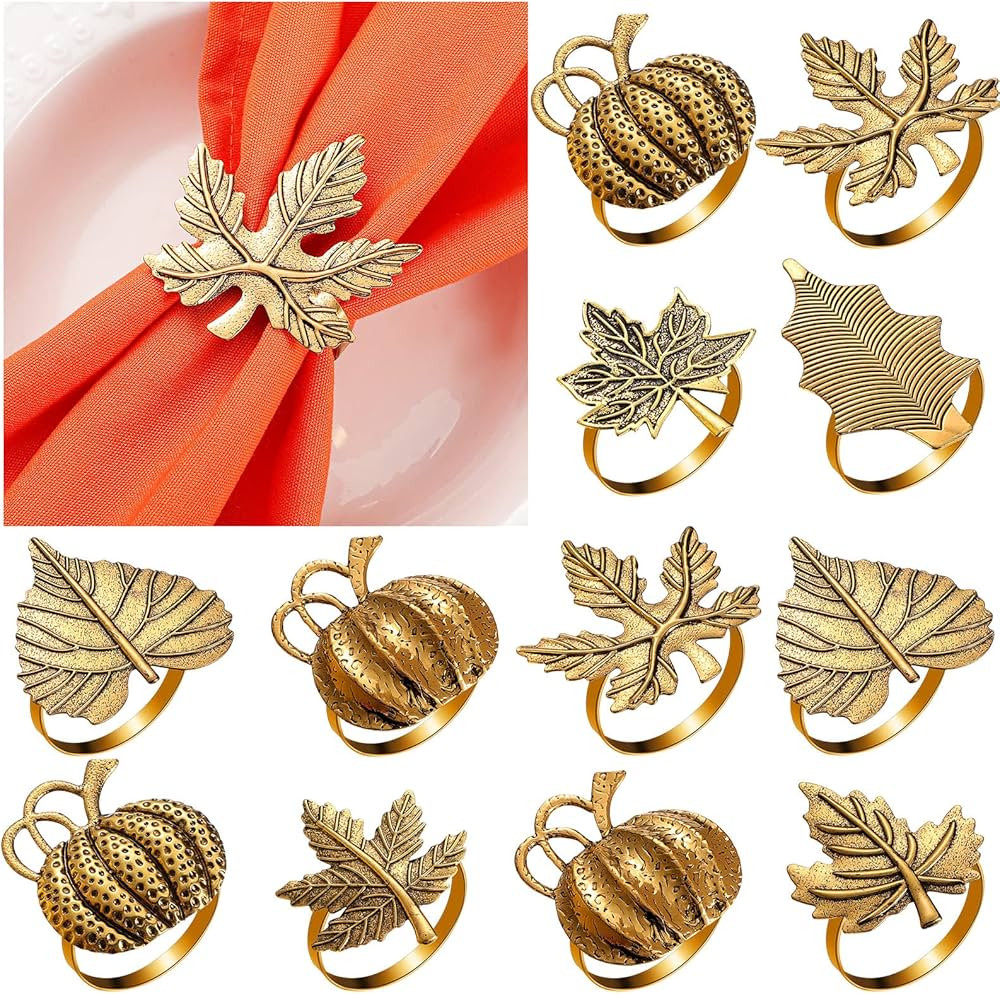 WILLBOND 12 Pcs Thanksgiving Napkin Ring Set Pumpkin Napkin Holders Fall Napkin Rings Fall Leaf N... | Amazon (US)