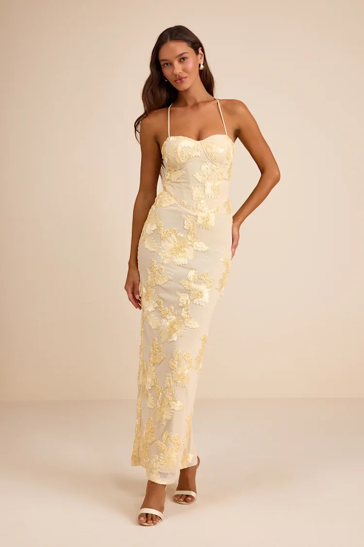 Nantessa Light Yellow Floral Applique Lace-Up Maxi Dress | Lulus