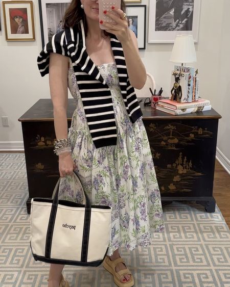 signature summer outfit ❤️ Nap dress runs true to size- I’m wearing the small. Striped cardigan runs a bit snug- I’m wearing the medium. Raffia dad sandals run true. This is the size small monogrammed tote  

#LTKVideo
