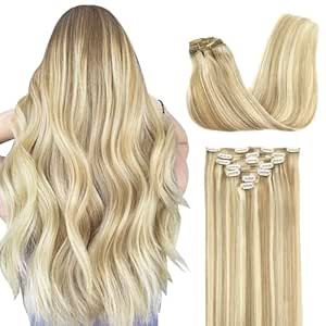 GOO GOO Clip in Hair Extensions Real Human Hair, 16inch 120g 7Pcs, 18A/613A Dark Blonde Highlight... | Amazon (US)