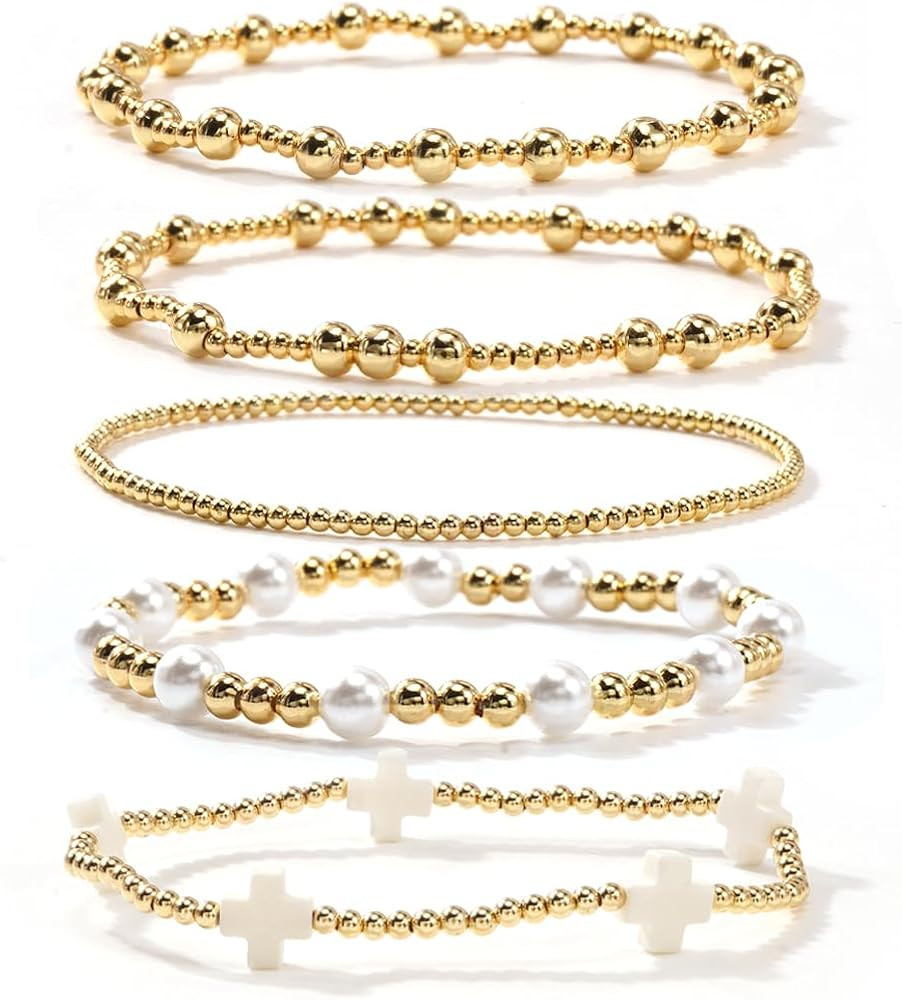 Gold Beaded Bracelets Stack for Women Christmas Stocking Stuffers Stackable 14K Gold Plated Beads... | Amazon (US)