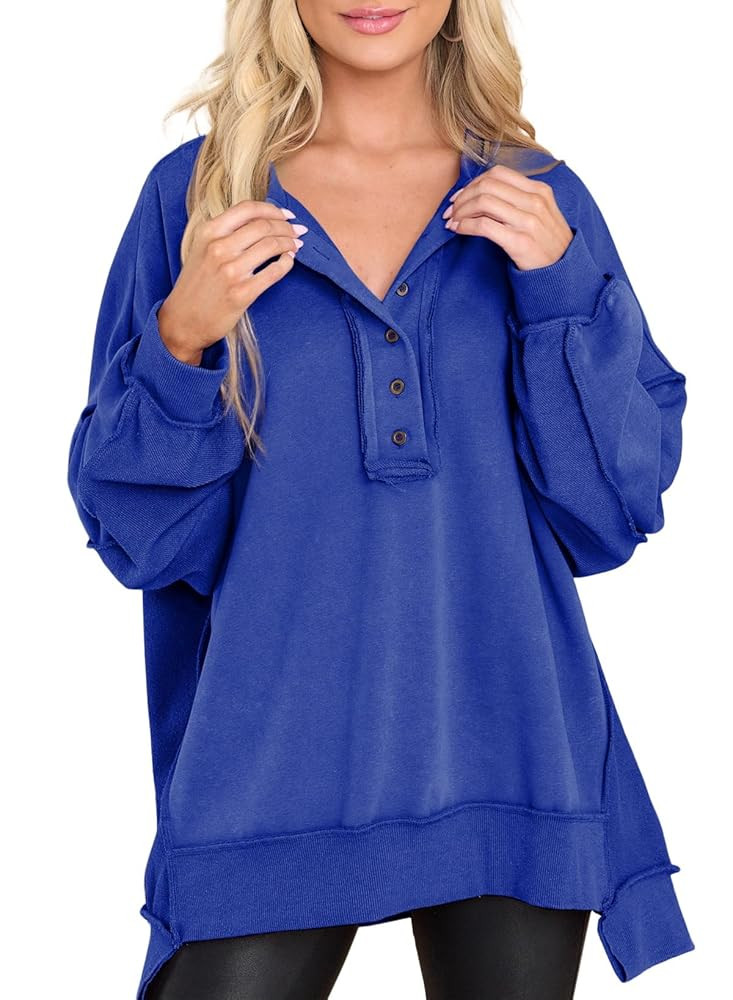 AlvaQ Sweatshirt for Women Oversized Casual Long Sleeve Button Henley Neck Pullover Tunic Tops Fa... | Amazon (US)