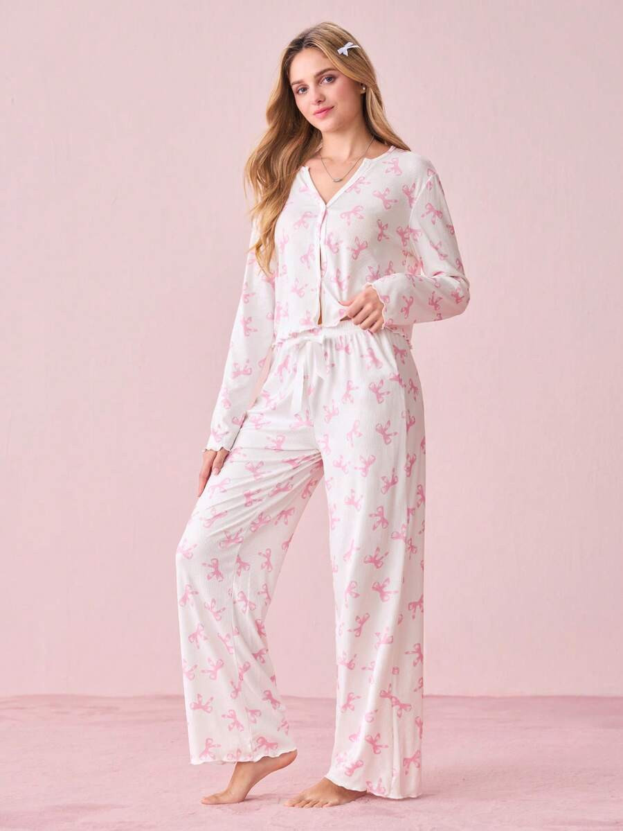 Bonmuse Sweet & Fresh Bow Print Women Pajama Set, Ins Style Pink Bow Pajama Set, Fall Winter Clot... | SHEIN