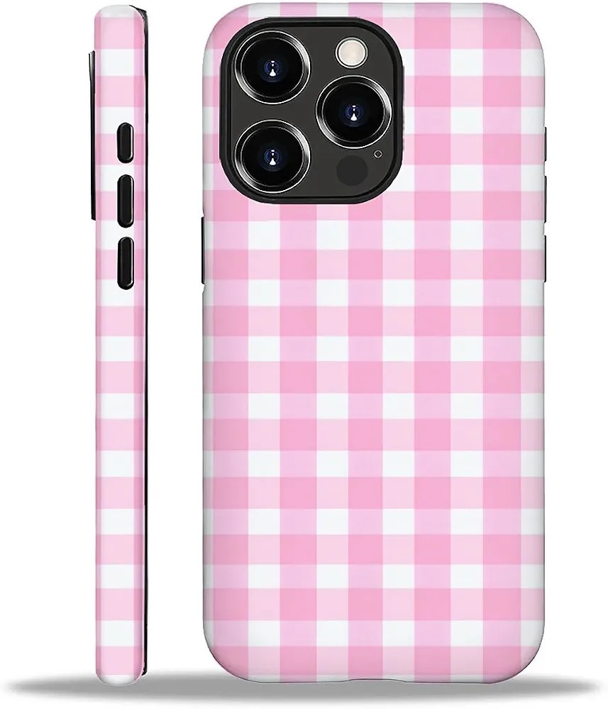 Case for iPhone 16 Pro Max,Simple Pink and White Check 2 in 1 Hard Shell + Silicone,Shockproof Bu... | Amazon (US)
