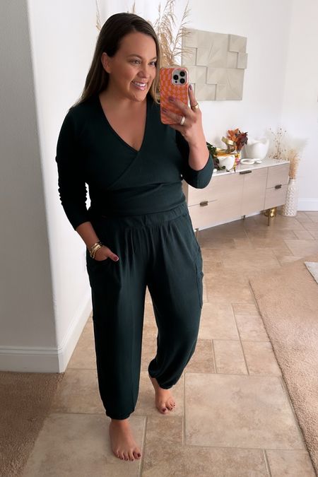 This forest green lounge set is so comfy! I love the wrap style top & waffle joggers. I’m wearing L in the top and XL in the bottoms. Currently on sale! 

#LTKSale #LTKfindsunder50 #LTKmidsize