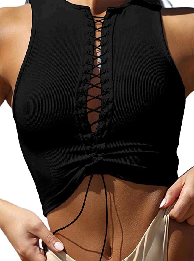 Remidoo Women's Sexy Lace Up Front Patchwork Contrast Stitch Crop Tank Top | Amazon (US)
