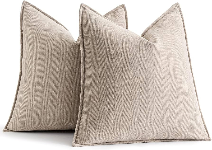 EMEMA Beige Throw Pillow Covers 16x16 Inch Set of 2 Soft Chenille Pillow Covers Farmhouse Solid D... | Amazon (US)