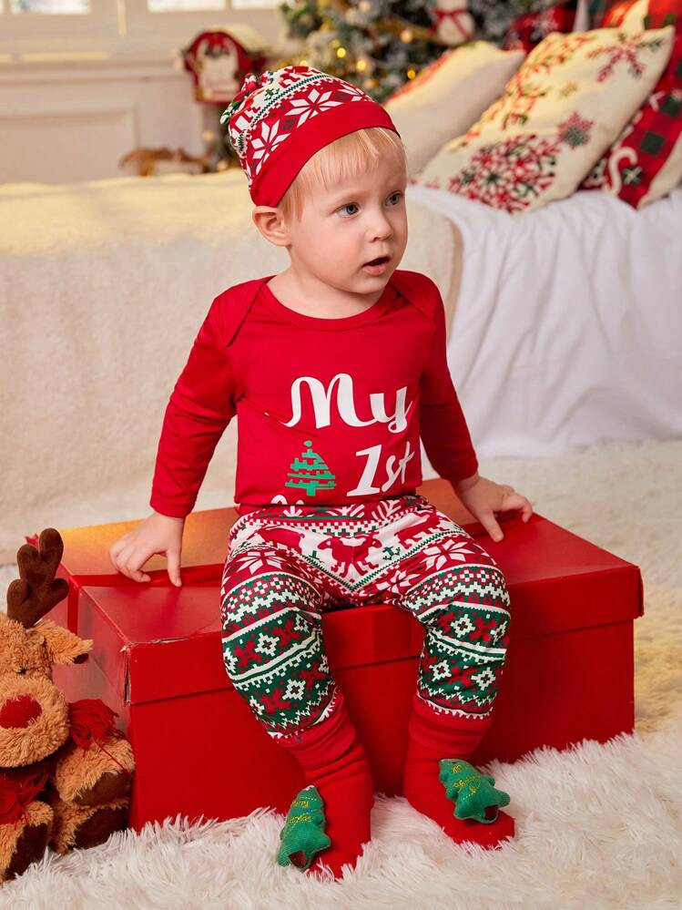 Trends2pcs/Set Baby Boys My First Christmas Red Print Long Sleeve Romper + All-Over Festive Pattern Pants And Hat, Suitable For Autumn/Winter, Ideal For Holiday Parties Or Photo Shoots | SHEIN