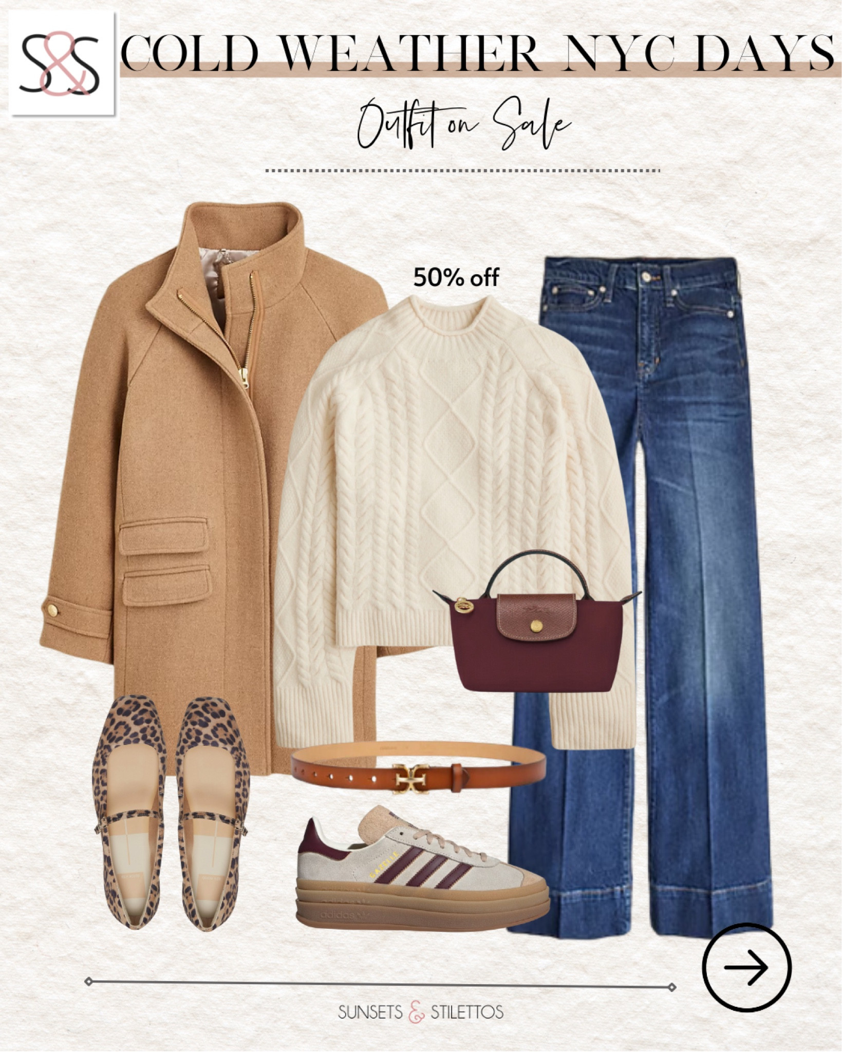 Perfectly cozy for cold weather days in NYC. A classic camel coat layered over a cable-knit sweater pairs perfectly with wide-leg denim for a polished yet comfortable look. Add Adidas sneakers, a chic belt, and tortoise sunglasses for that extra touch of style. These staples are on sale and ready for all your winter adventures.

Sunsets and Stilettos, winter fashion, NYC style, cozy layers, classic wardrobe essentials

#LTKOver40 #LTKStyleTip #LTKHoliday